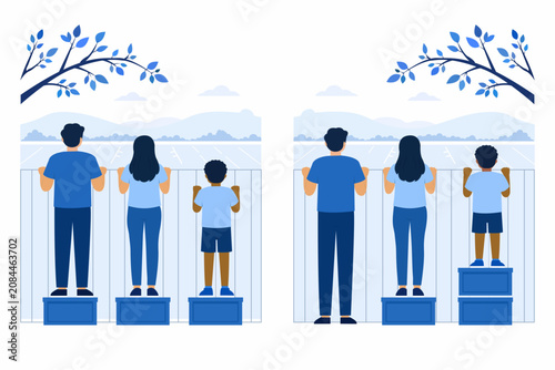 Equality versus equity concept with people looking over a fence