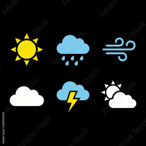 A set of simple weather icons on a black background