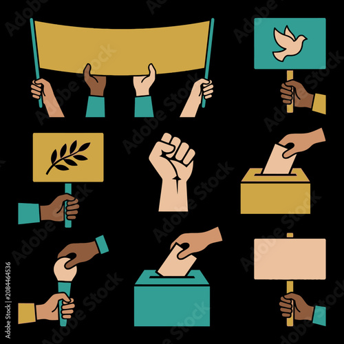 Diverse hands holding protest signs and casting ballots for democracy