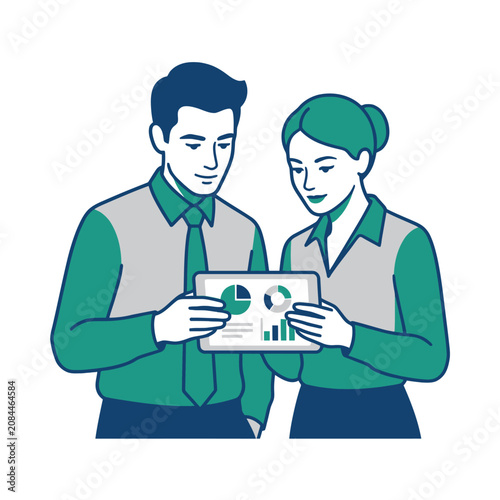 Two business colleagues analyze data on a digital tablet device