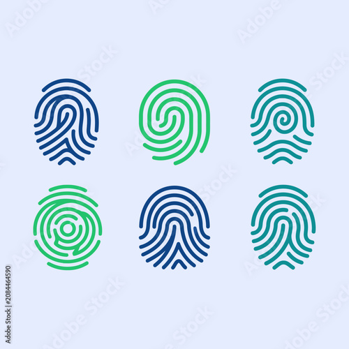 A set of six unique colorful fingerprint icons on light background