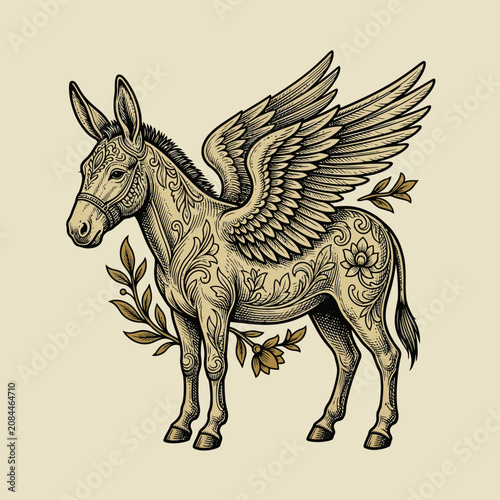 Vintage illustration of a winged donkey with floral patterns