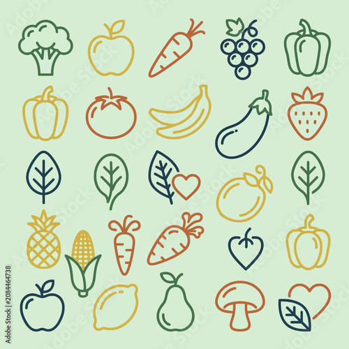 A collection of colorful healthy food and vegetable icons