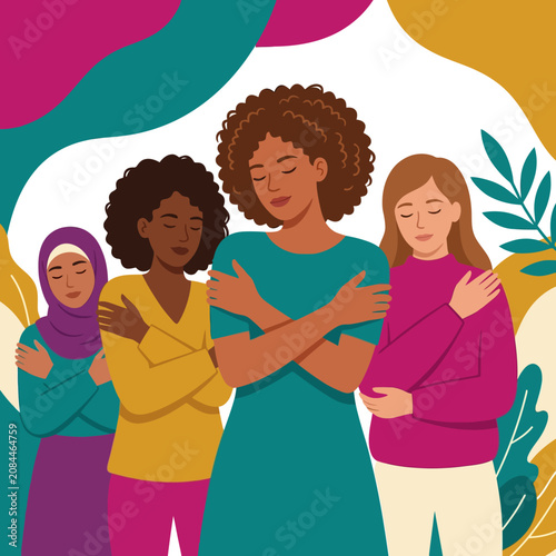 Diverse women embracing themselves to promote self love and care