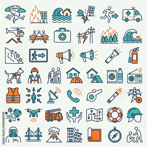 Vector icons set of natural disasters and emergency rescue
