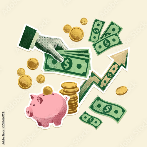 Retro collage showing financial growth and money savings