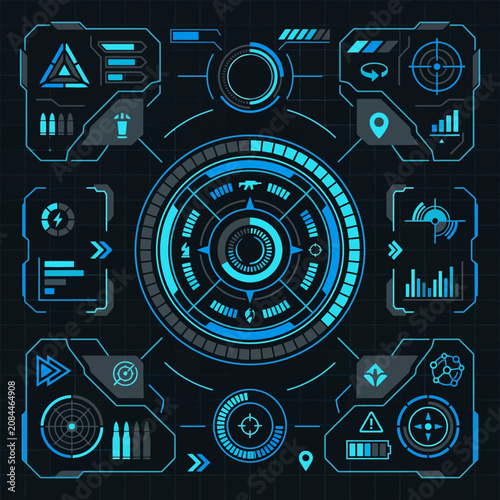 Futuristic head up display interface with blue glowing elements