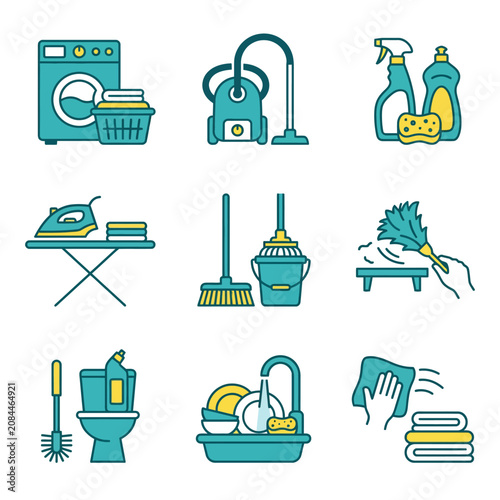 Set of flat vector icons representing cleaning and laundry services