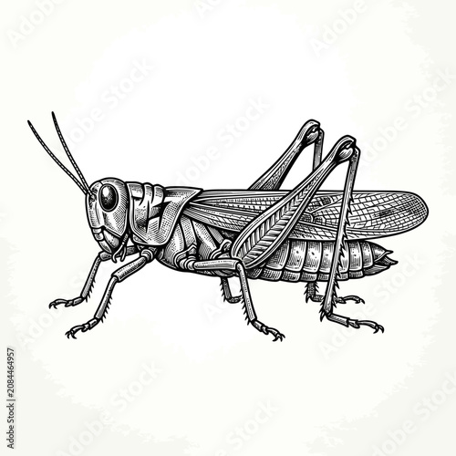 Detailed vintage engraving of a grasshopper on a plain background