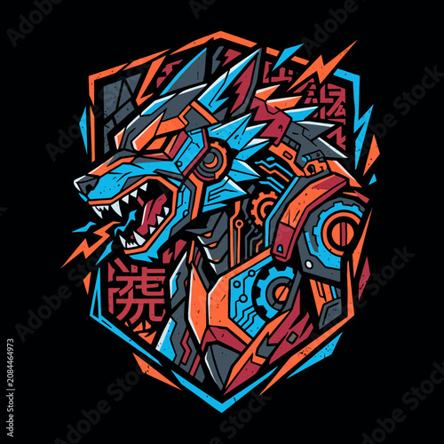 Vibrant cybernetic wolf head illustration with intricate details
