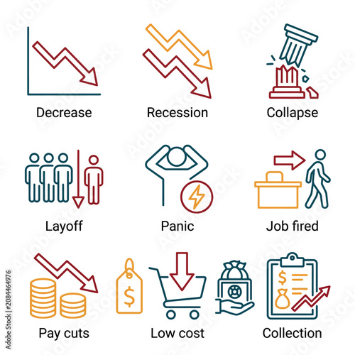 Vector icons representing economic crisis and financial recession