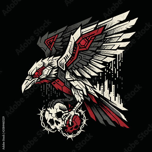 Aggressive geometric eagle holding a skull with barbed wire design