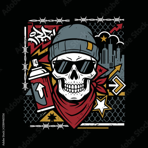 Cool skull with sunglasses and beanie in urban graffiti art