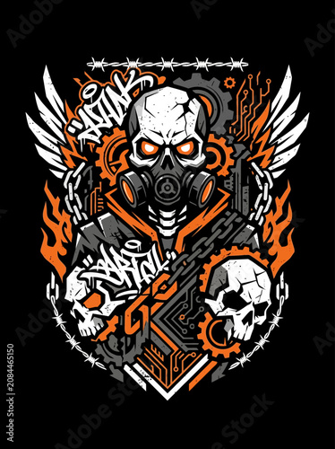 Edgy skull illustration featuring a gas mask and industrial design