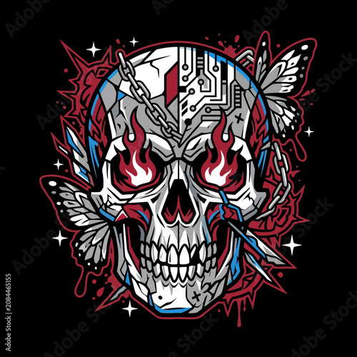 Stylized skull with flames, circuit board, chains and butterflies