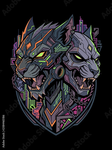Two futuristic cybernetic animal heads with glowing eyes and city background