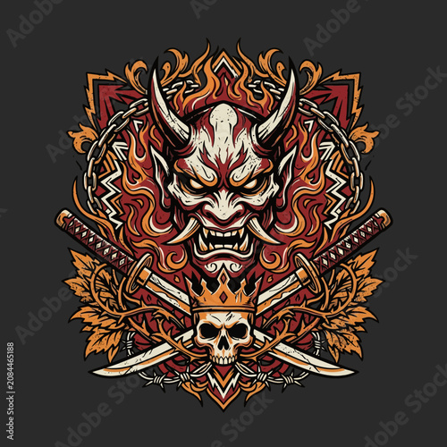 Dark illustration of a fierce horned mask with swords and skull