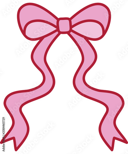 Hand Drawn Wide Pink Bow with Long Tails, Coquette Aesthetic Ribbon Clip Art, Cute Romantic Bow PNG for Gift Wrapping and Card Design