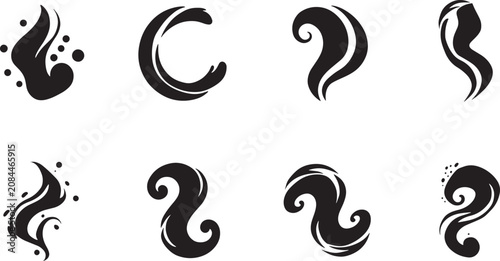 Принти на полотні Aroma smoke steam icons set vector black dynamic wave silhouette fragrant odor s