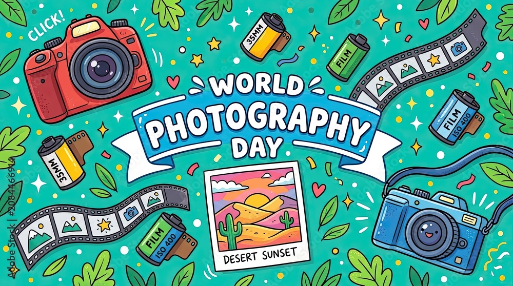 Fototapeta premium Celebrating world photography day with cameras film and capturing life's moments