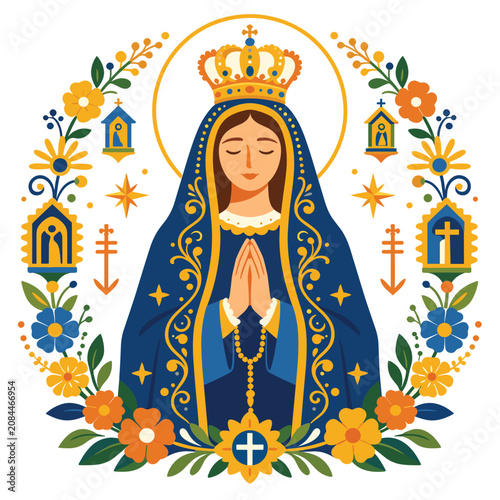 Nossa Senhora Aparecida Crowned Figure With Flowers And Religious Symbols