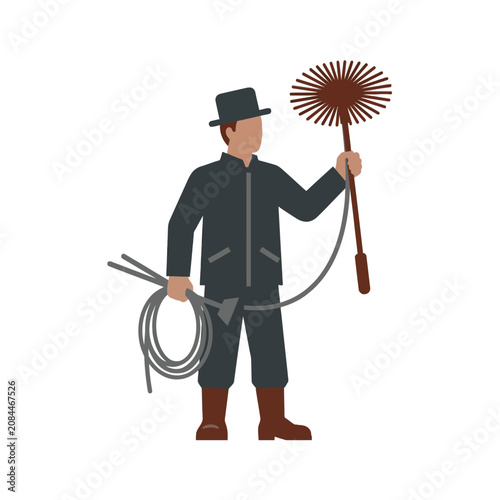 A chimney sweep holding a cleaning brush and coiled rope