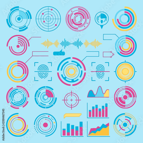 Futuristic HUD interface elements and data charts on blue background
