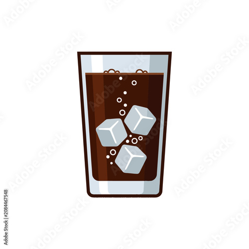 A glass of cold dark soda with floating ice cubes