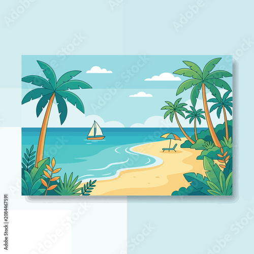 Beautiful tropical beach illustration with palm trees and sailboat