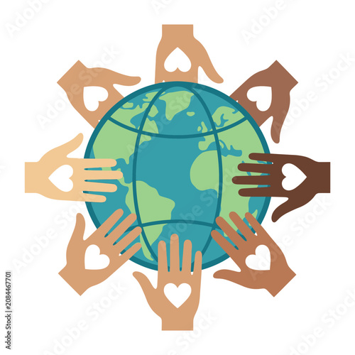 Diverse hands with heart shapes surround the planet Earth