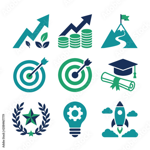 Set of business growth and success icons on a white background