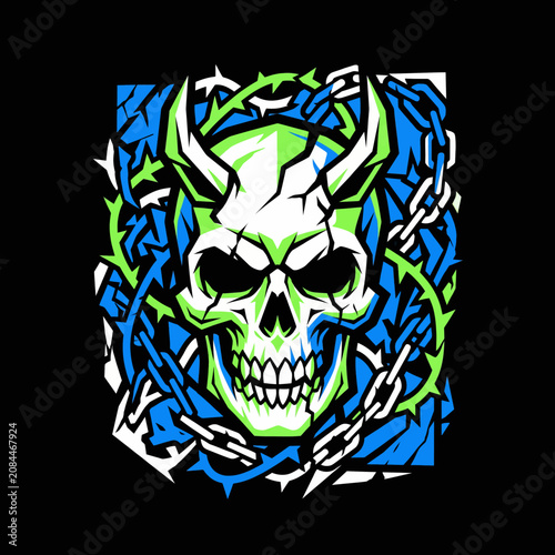 Vibrant horned skull design with chains and thorny elements
