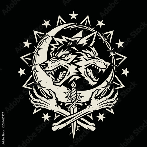 Aggressive wolf heads, moon and dagger form a powerful emblem