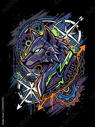 A futuristic cybernetic wolf head with gears and compass elements
