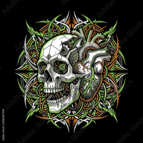 Detailed biomechanical skull and heart on a decorative background