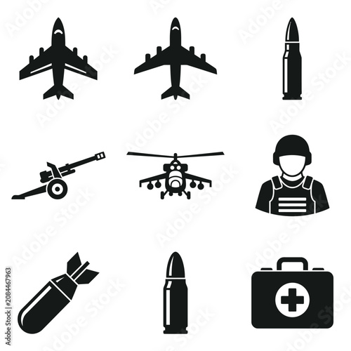 Photos Collection of black military and army icons on white background