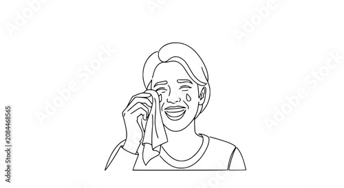 Canvastavla Joyful Crying Woman Wipes Tears with Tissue, Expressing Happiness