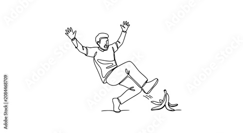 Schilderij op canvas Man slipping on banana peel, falling down, one line drawing, humor, accident
