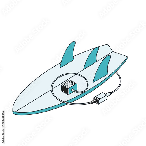 Tablou pe pânză Surfboard with electronic tracking device attached.