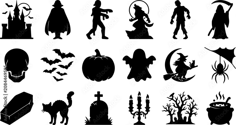 Naklejka premium Large halloween silhouettes set monsters haunted house and scary decor