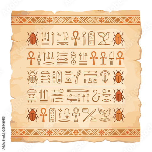 Ancient Egyptian Papyrus Symbols With Hieroglyphic Decorative Border Design Vector