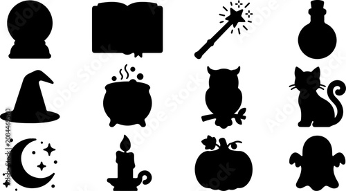 Photography Magic and halloween silhouettes set witches potions and enchantment