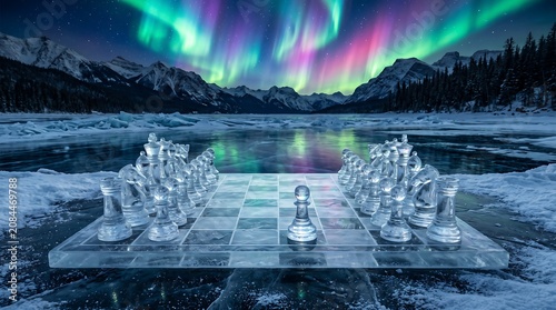 Clear ice chess set on frozen lake under northern lights aurora borealis with landscape strategy colorful competition transparent checkmate mountain lakeside atmosphere astronomy peaceful
