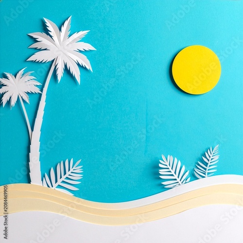 Paper cut style tropical beach background with palm trees sun and copyspace