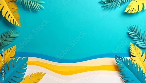 Paper cut style tropical beach background with monstera palm leaves and copyspace