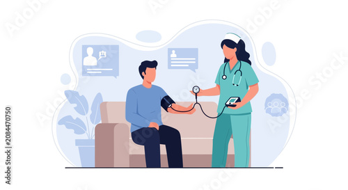 Nurse checking patient's blood pressure in a modern clinic, medical consultation and healthcare concept
