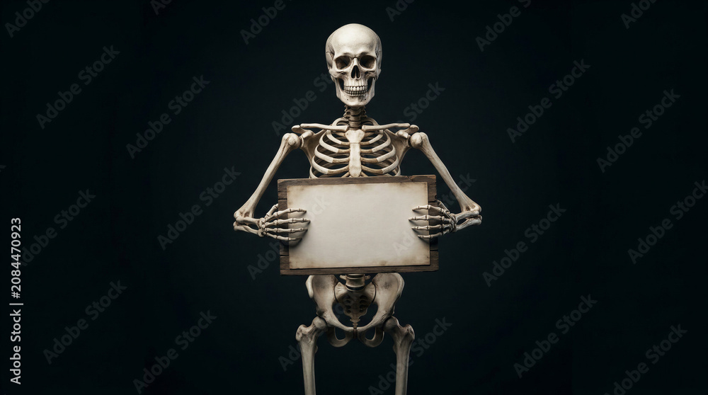 Fototapeta premium Skeleton holding a blank frame on dark background 