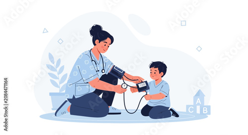 Nurse taking child's blood pressure, pediatric healthcare concept illustration