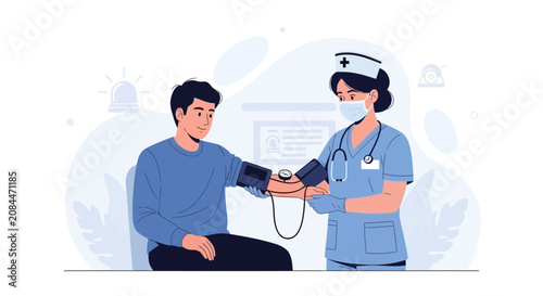 Nurse taking patient's blood pressure during medical checkup, modern flat vector illustration