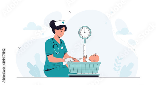 Nurse Weighing Baby on Scale in Modern Flat Illustration Style - Healthcare and Pediatrics Concept